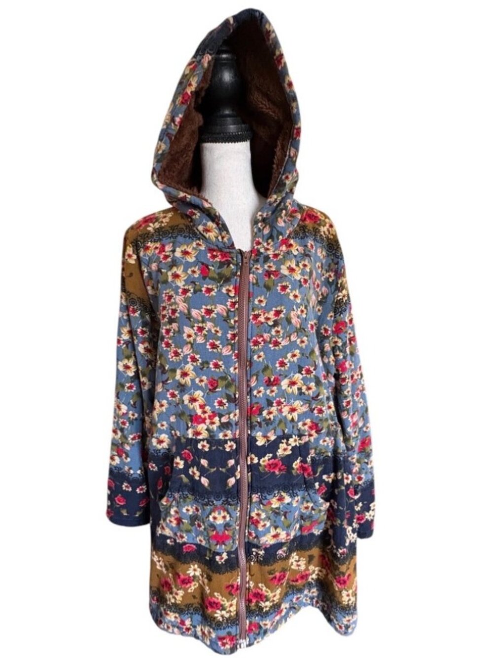 Floral Patchwork Hooded Fleece Coat Cozy Cabin Outwear Size XL
